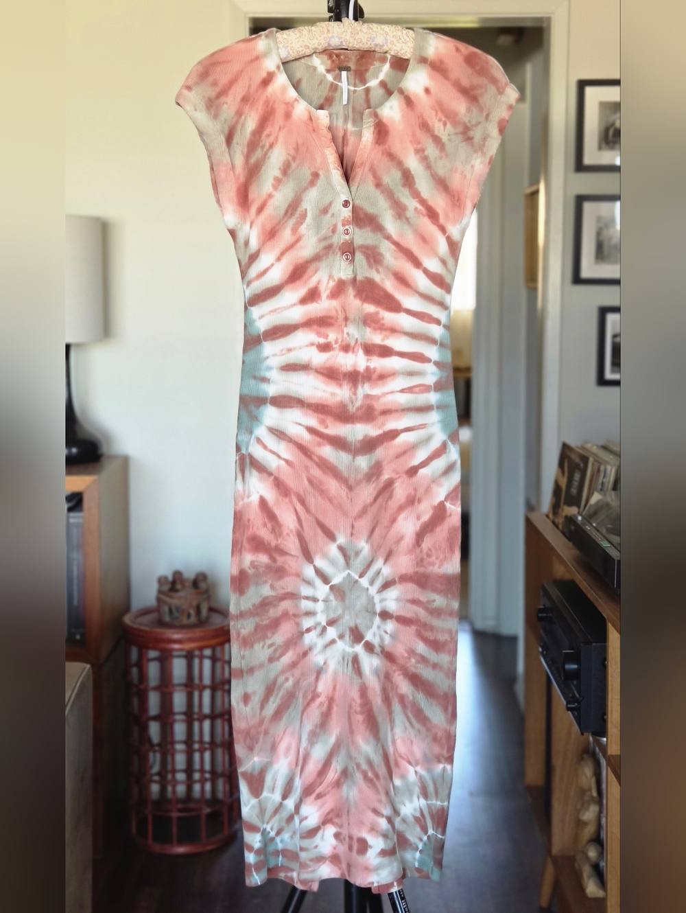 Young Fabulous & Broke Lyra Dress Coral & White Spin Tie Dye Ribbed Midi